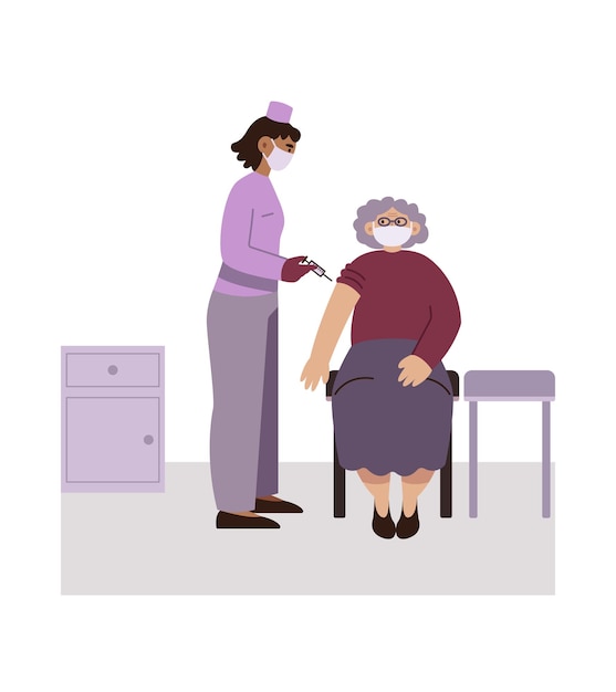 Time to get vaccinated against disease. Nurse gives injection to elderly woman. Health care in old age. Anti pandemic preventive actions. Color vector illustration in flat style