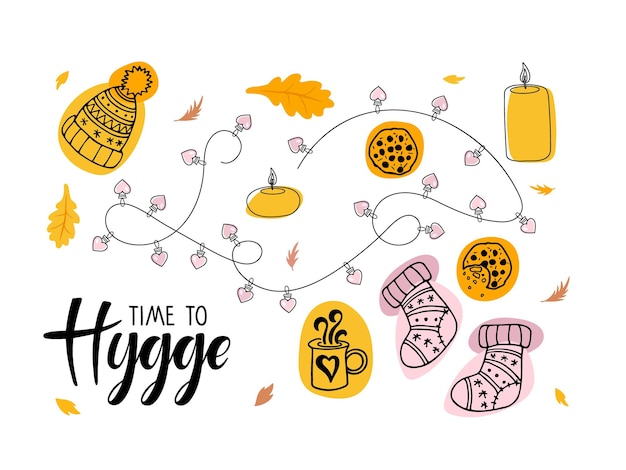 Time to hygge. Autumn set with hand drawn cozy elements. Warm knitted cap, socks, hot drink