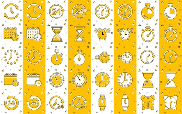 Time icon set in comic style Agenda clock cartoon vector illustration on white isolated background Sandglass wristwatch timer splash effect business concept