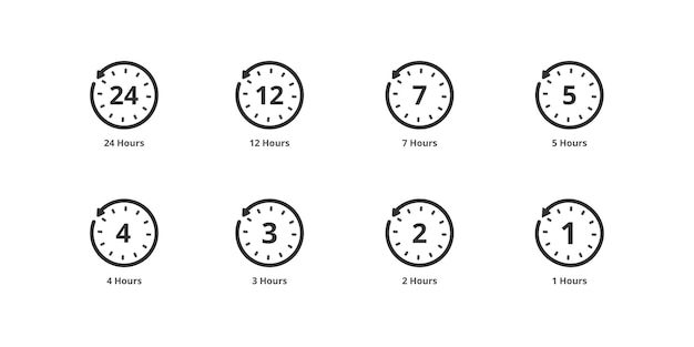 Vector time interval clock icons 24 12 7 5 43 2 1 hours