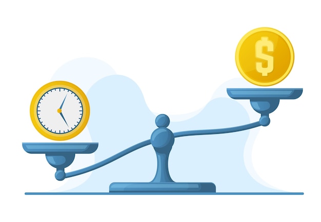 Time is money, scales weight balance, time and money concept. Libra scales money and watches comparison vector illustration set. Time versus money metaphor. Money and time comparison