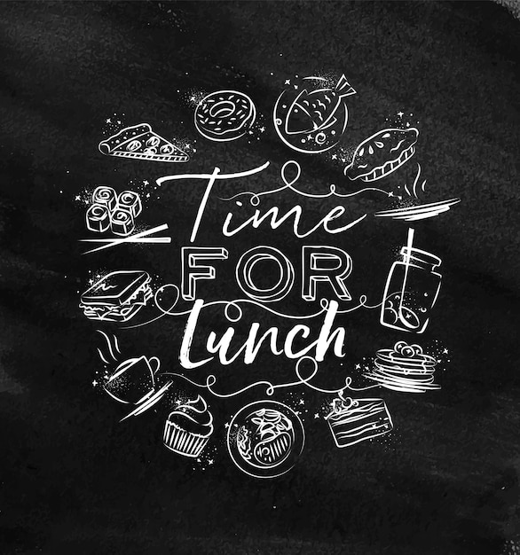 Time for lunch monogram with food icon drawing with chalk on chalkboard