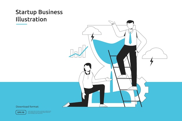 Time management and business deadline schedule concept with businessman and sand hourglass illustration. startup launch and investment venture. teamwork metaphor design web landing page or mobile