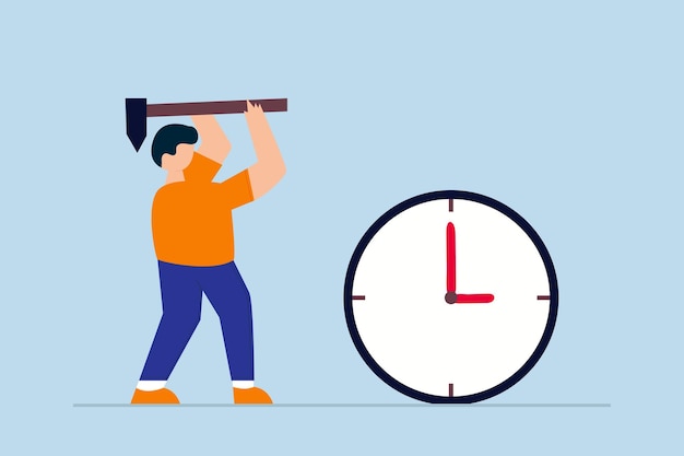 Time management businessman manager or office worker using hammer to break the clock to manage time for projects deadline