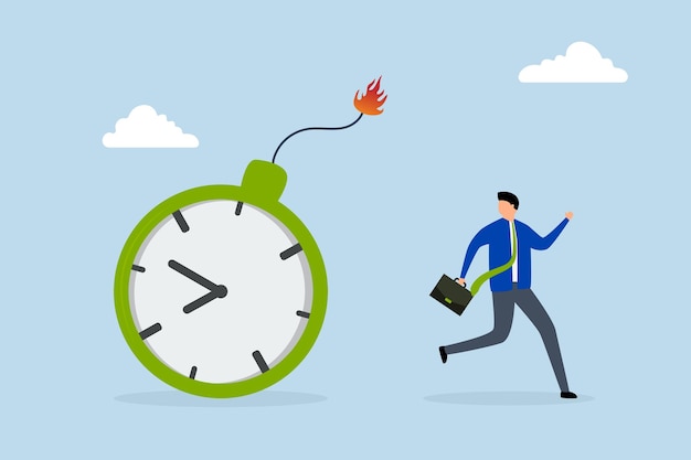 Time management businessman running away from exploding time bomb