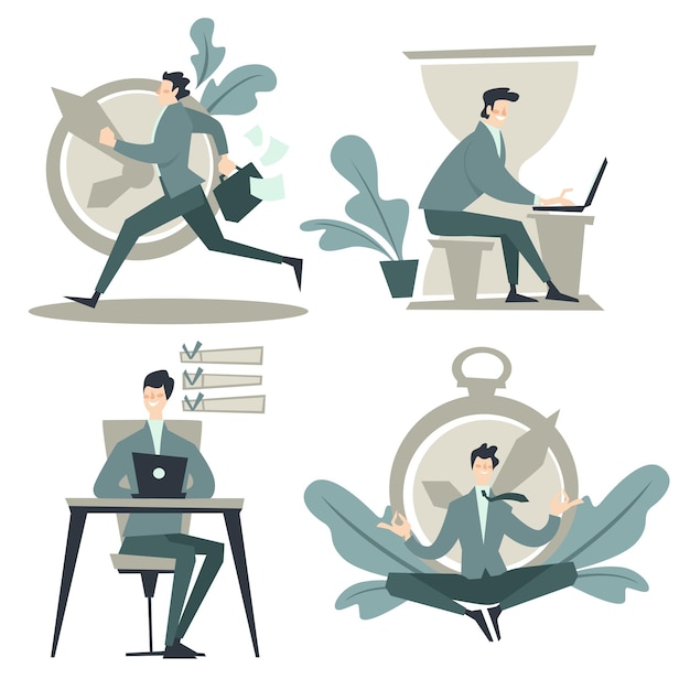 Time management, businessman working in office, clock or timer and hourglass, isolated icons vector. Planning or control, efficient and successful business. Man with laptop, hurrying up and meditation