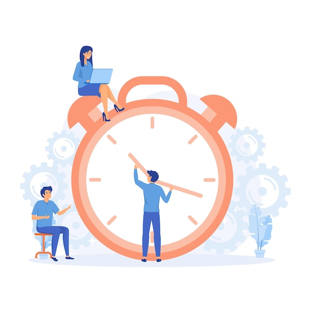 Time management concept, Businessman run along gear in form of clock. Organization of process. flat vector modern illustration