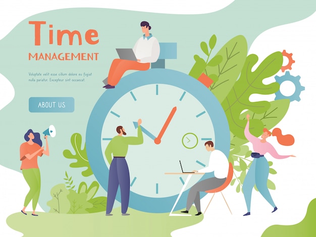 Time management concept illustration, cartoon flat tiny people control work time, busy man woman characters with big alarm clock