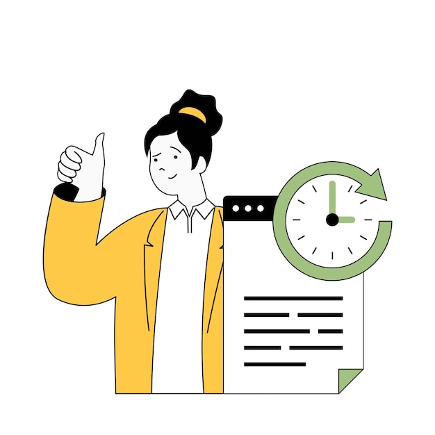 Time management concept with cartoon people in flat design for web Woman doing paperwork and works with document with countdown clock Vector illustration for social media banner marketing material