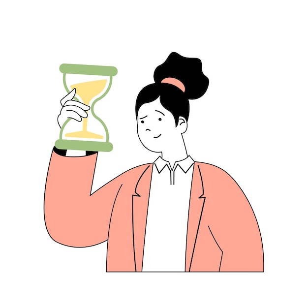 Time management concept with cartoon people in flat design for web Woman holds hourglass and organizes efficiency work at company Vector illustration for social media banner marketing material