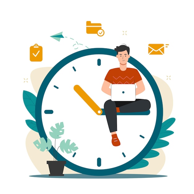 Time management concept with man sitting on clock illustration