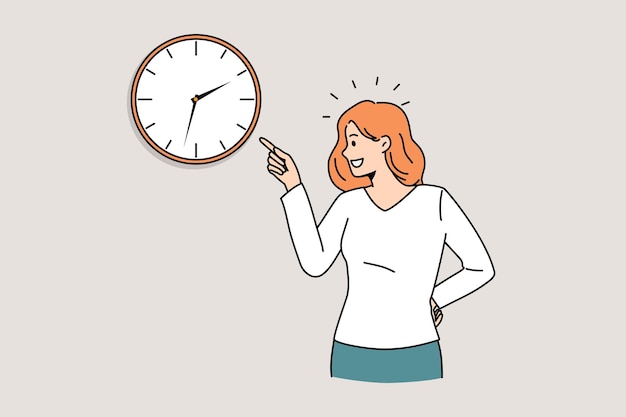 Time management and deadlines concept. Young smiling woman standing and pointing at time on wall watch clock feeling positive vector illustration