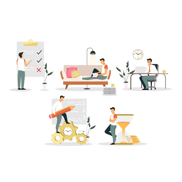 Time management flat illustrations set