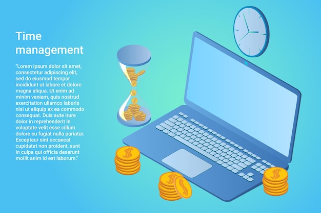 Time management Hourglass and mechanical clock on the background of a laptop