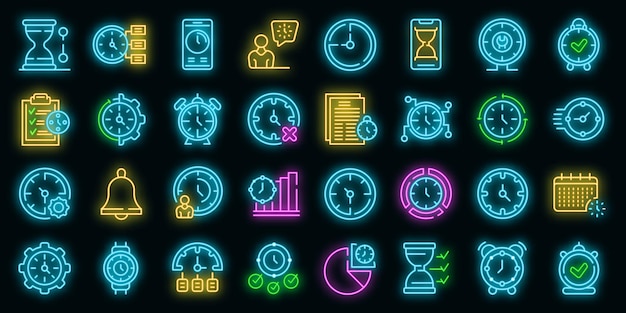 Time management icons set vector neon