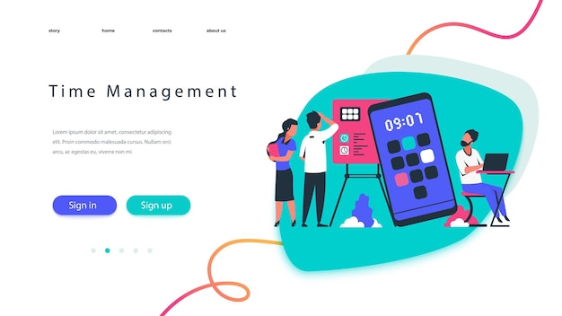 Time management landing page. Team work concept with business people planning workflow. Vector illustration modern optimizing time organization and schedule planning web page