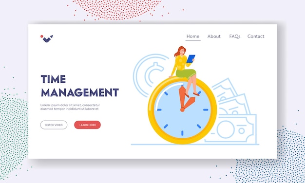 Vector time management landing page template confident businesswoman sitting on huge clock with tablet pc in hands