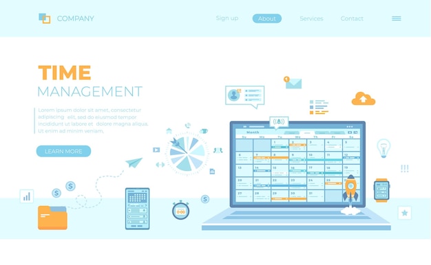 Time Management organization planning schedule distribution of tasks Laptop with schedule on the