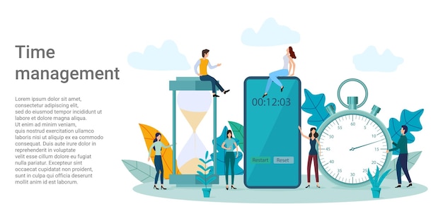 Time management people check the time on their smartphone hourglass and stopwatch
