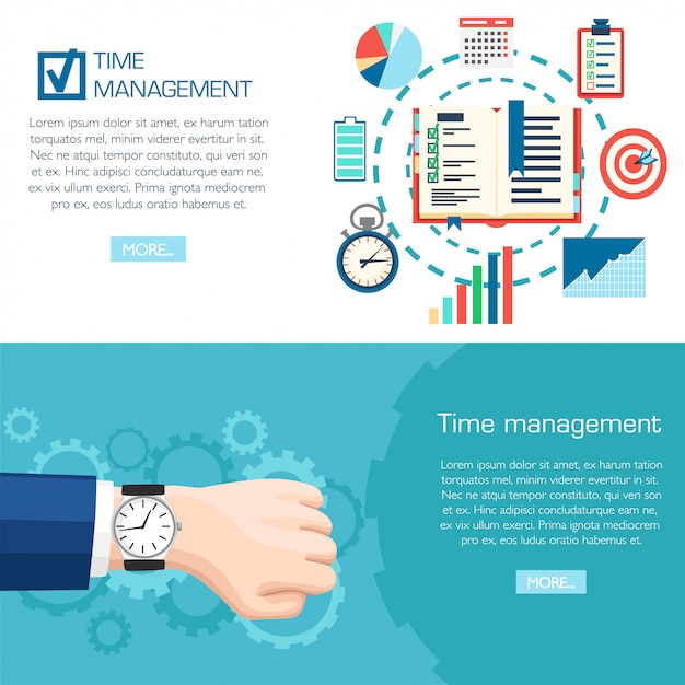 Time management planning concept. Wrist watch on hand. Planning, time organization of business.  illustration  on turquoise background with gears. Web site page and mobile app 