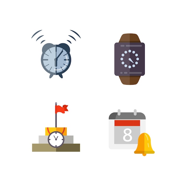 Time management planning and control Clock timer speed alarm restore calendar Vector flat illustrations set