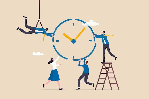 Time management or project management to control team to complete tasks or strategic planner to manage resources to complete work in deadline businessman and woman help combine clock timer pieces