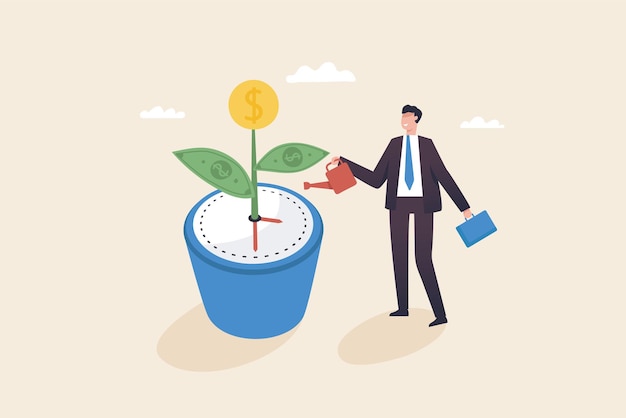 Time management for short and long investments Businessman watering Investment plants