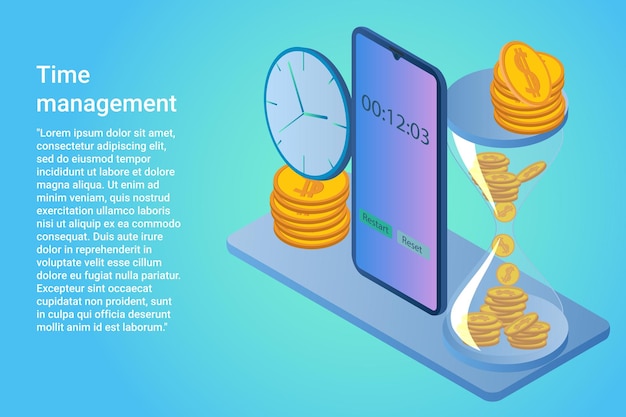 Time management A smartphone with a timer an hourglass and a mechanical clock