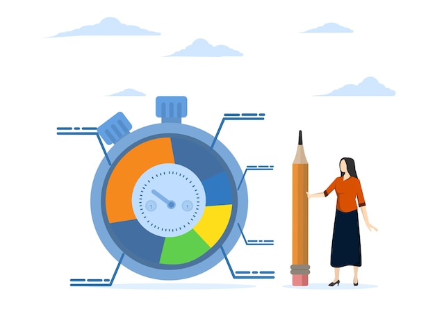 time management vector illustration for turning into productivity with woman standing with stopwatch