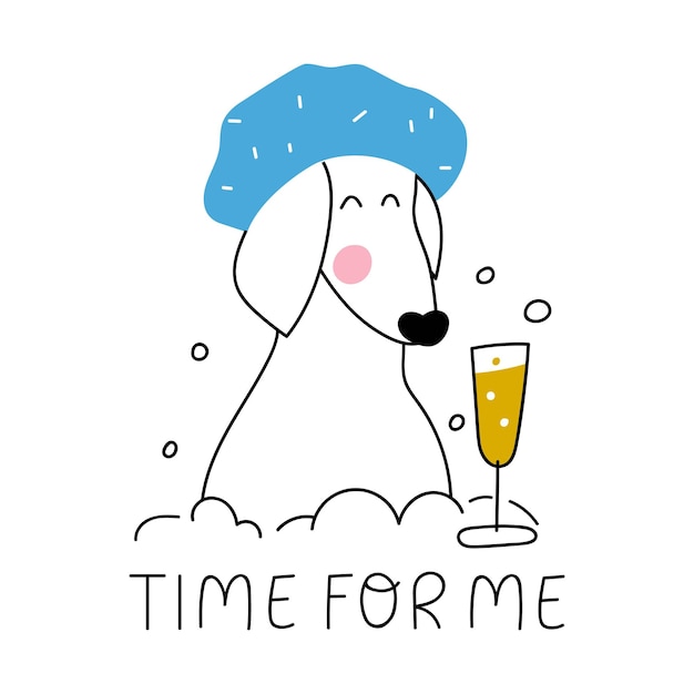 Time for me Funny dachshund in bath with glass of champagne Vector outline illustration