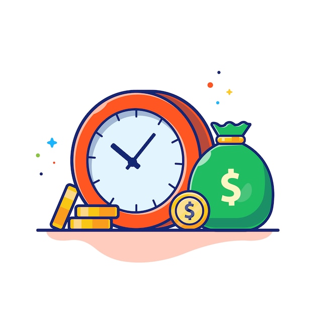 Time Money Illustration. Clock, Money Bag And Stack of Coins, Business Concept White Isolated