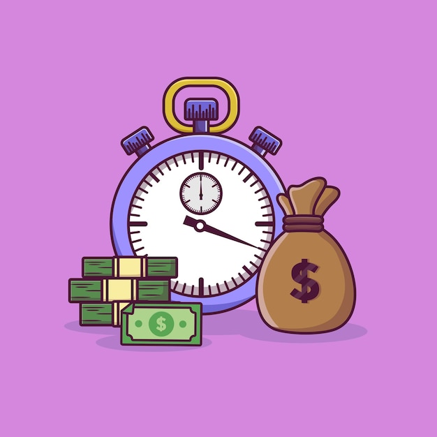 Time money illustration stopwatch money bag and stack of coins business concept