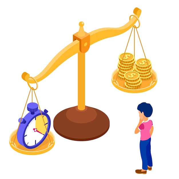 Time or money isometric concept character man makes choice between coins and stopwatch on scales isometric isolated vector illustration