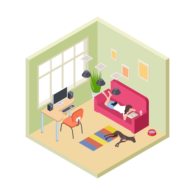 Time relax. Girl relaxing couch reading book. Isometric living room interior. Hygge time with pets. Female on sofa with book and dog leisure illustration