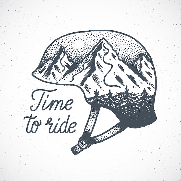 Time to Ride Hand Drawn Snowboard or Ski Helmet with Mountain Landscape in Dotwork Style.