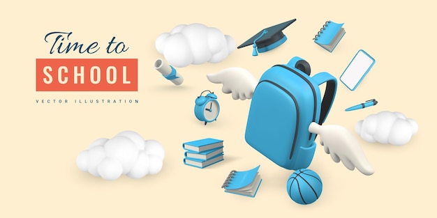 Vector time to school promo banner design 3d realistic school bag with wings book pencil alarm clock graduation cap and diploma vector illustration