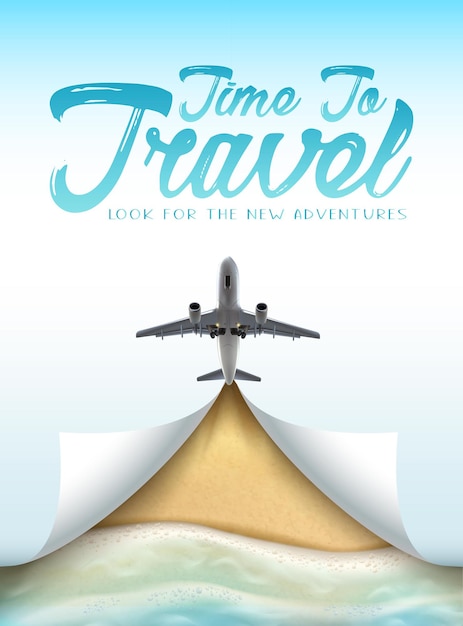 Time to travel banner with airplane in the sky and realistic beach with sand and ocean waves from to