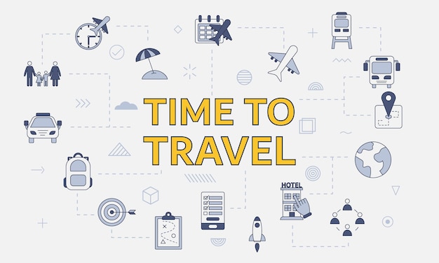 Time to travel concept with icon set with big word or text on center