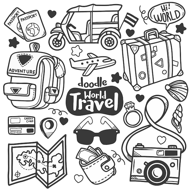 Time to Travel Doodle Line Art Illustration Hand Drawn Vector Clip Art Banner Set Logos