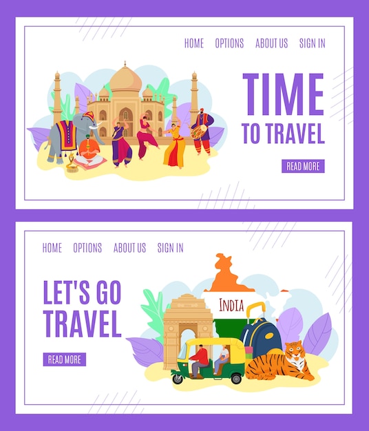 Time to travel, India tourism banners set of  illustration. India landmark. Indians in traditional dress dancing. Travelling culture symbols, tiger, architecture. Travelers map.