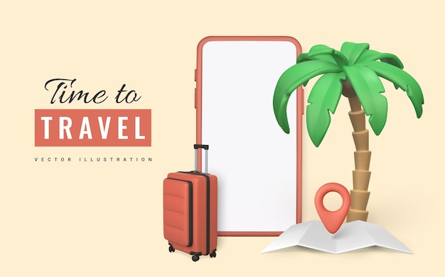 Time to travel promo banner design Summer 3d realistic render vector objects Tropical palm tree mobile phone travel trolley bag pin location and map Summer travel Vector illustration