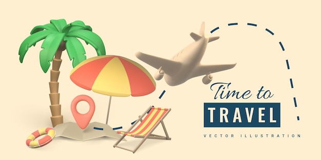 Time to travel promo banner design Summer 3d realistic render vector objects Tropical palm tree sun umbrella swim ring beach chair and plane Vector illustration