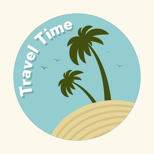 Vector time to travel summer nautical sticker palm tree ocean and beach flat vector illustration