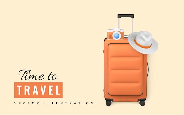 Time to travel Travel trolley bag with camera and summer mens hat Summer 3d realistic render vector objects Vector illustration