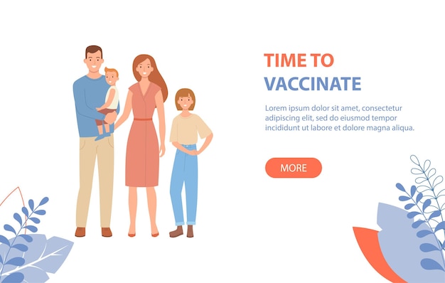 Time to vaccinate banner happy family with children is protected from viruses and diseases Vaccina