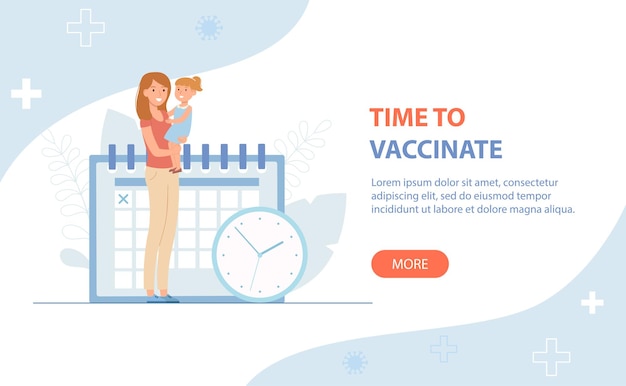 Time to vaccinate banner mother with child calendar and clock