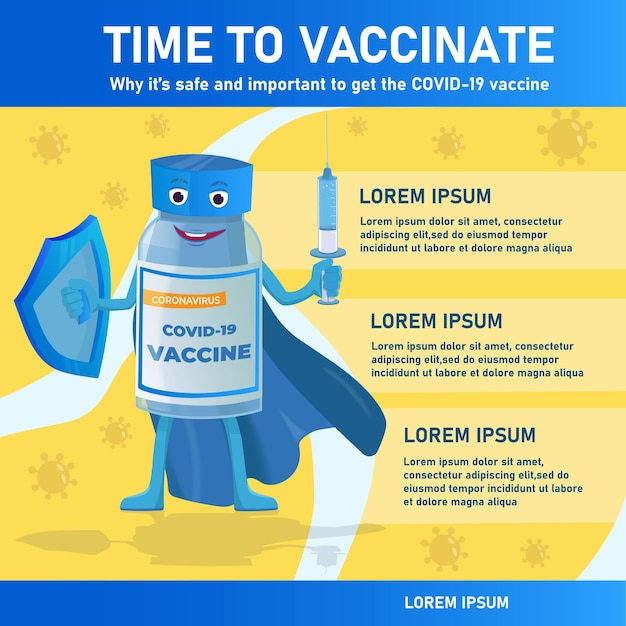 Time to vaccinate banner  vaccine vial like a superhero wearing a cape and shows his syringe