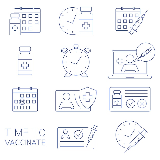 Time to vaccinate icons. Medical card, syringe, vial, calendar, online doctor and other clinical icons. Immunization concept. Health care and protection. Medical treatment. Vector