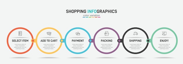 Timeline design with 6 successive steps colorful graphic elements of shopping process