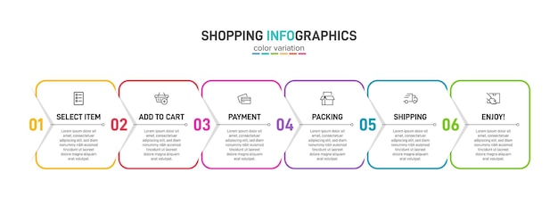 Timeline design with 6 successive steps colorful graphic elements of shopping process